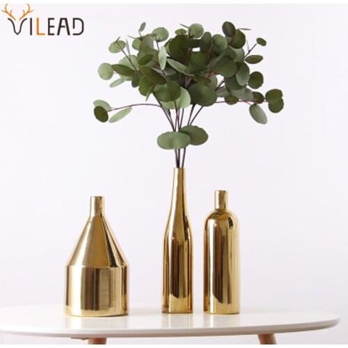 VILEAD Nordic Ins Ceramic Flower Vase Golden Electroplating Jardiniere Home Decor Simple Art Plant Pot Living Room Decoration
