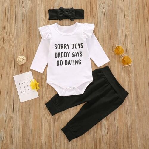 3PCS Newborn Baby Girl Clothes, Funny Letter Print Long Sleeve Ruffle Bodysuit + Solid Pants + Headband Outfits Set