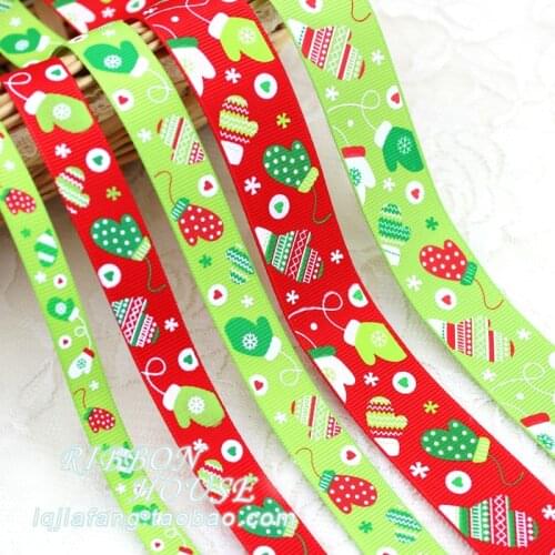 3/8'' (10mm) 5/8"(15mm) 1" (25mm) 3size Red Green printed grosgrain ribbon satin ribbon Red christmas gloves gift ribbons 2meter