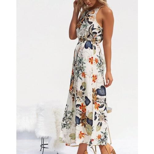 Women O Neck Floral Print Long Split Dresses Summer Fashion Spaghetti Strap Party Pink Cotton Elegant Casual Beach Maxi Vestidos