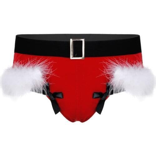 Mens Sexy Thong Christmas Panties Velvet Lingerie Briefs Elastic Waistband Feather Trimming Bowknot Gay Underwear Underpants