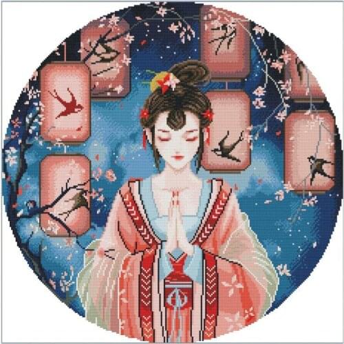 Cross Stitch Stamped Kits Printed Embroidery Cloth Needlepoint Kits Easy Patterns for Ancient Tang Costume Beauty 11CT