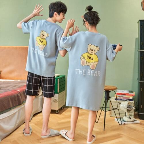 New Soft Crew Neck Short Sleeve Night Gown Nighties for Woman Homedress Fashion Casual Man and Woman Pajamas Set Couple