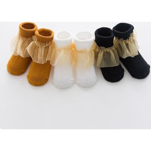 1 Lot=3 Pairs Baby Girl Socks with Lace Chiffon Newborn Short Socks Vintage Lace Ruffle Frilly Kids Cute Socks Baptism Gifts