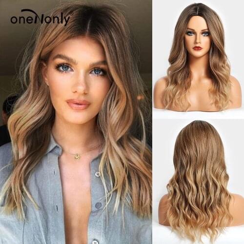 OneNonly Medium Length Natural Wave Ombre Black Brown Blonde Synthetic Wigs Middle Part for Women Party Daily Wig Heat Resistant