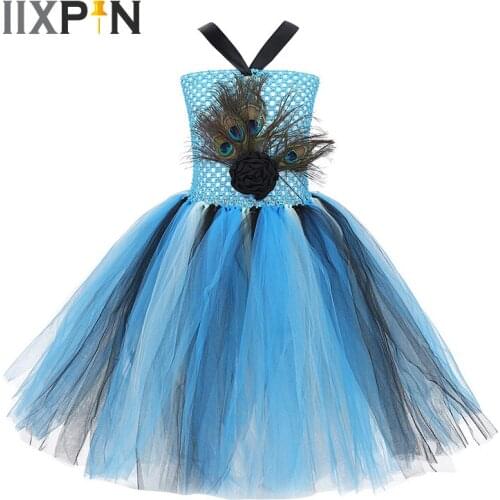 Girls tutu dress Sleeveless Peacock Feather 3D Flower Applique Mesh Tutu Dress for Halloween Carnival Cosplay Birthday Party