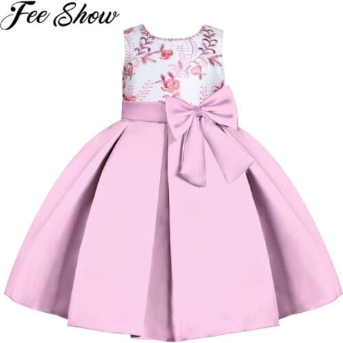 Girls Embroidered Flower Dresses For Party Pageant Children Prom Gown Bownot Beads Casual Princess Dress Kids Christmas Clothing