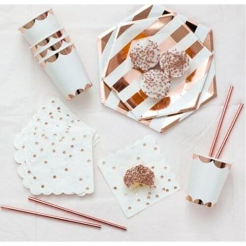 Rose Gold Disposable Tableware Cup Plate Straws for Wedding Birthday Party Decoration Kids Baby Shower Party supplies ASD083