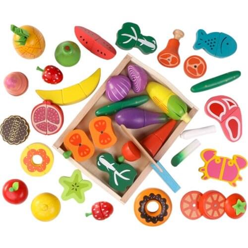 Montessori Education Toys Wooden Cutting Cooking Food Sets Magnetic Wood Vegetables Fruits Pretend Play Kitchen Kits Toy For kid