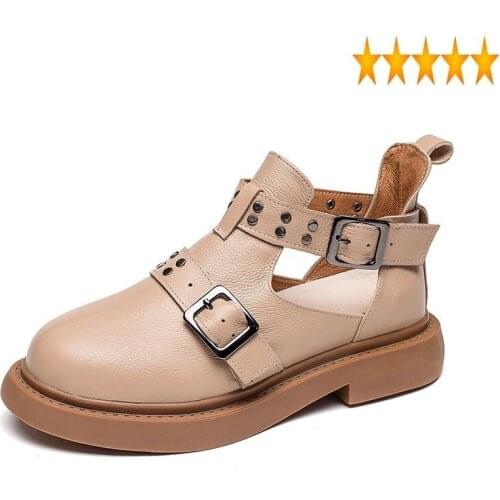 Sandal Footwear Women New Summer Outside Flat Platform Non-Slip Fashion Rivets Buckle Strap Genuine Leather Female Casual Shoes