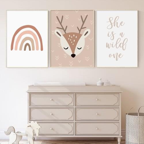 Boho Rainbow Cartoon Fawn Removable Canvas Nursery Wall Art Picture Poster Print Painting For Kids Bedroom Home Decoration