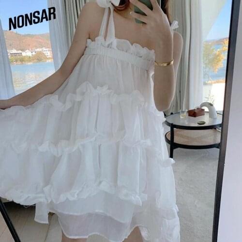 NONSAR Mesh Puff Sleeve Princess Dress Spring French Gentle Fairy Bow Tie Strapless Waist Dress