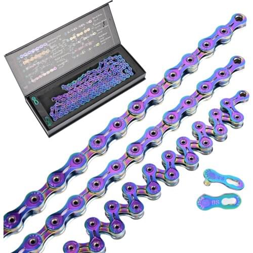 SUMC Multi-Colored 9/10/11/12 Speed Bicycle Chain - Rainbow Hollow Semi-Hollow Magic Buckle Road Bike MTB Compatible 116/126L