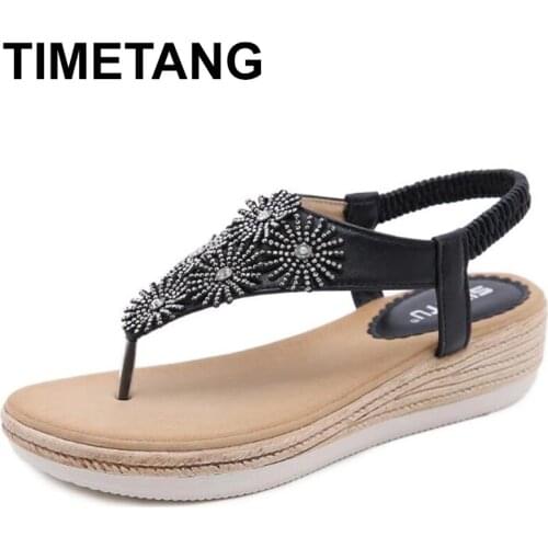 TIMETANG New Summer Fashion Rhinestone Wedges Womens Sandals Comfort Ladies Shoes Plus Size Toe Sandals Bohemia Sandalias