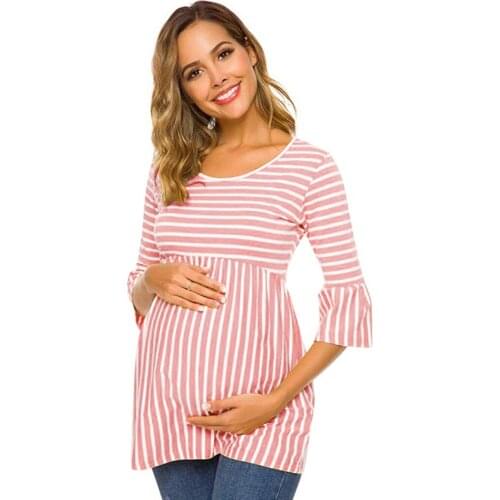Maternity Tops Loose Pregnancy Blouse Striped T-shirt Tunic 3 Quarter Casual Maternity Clothes Pregnant Womens Clothing Ruffle