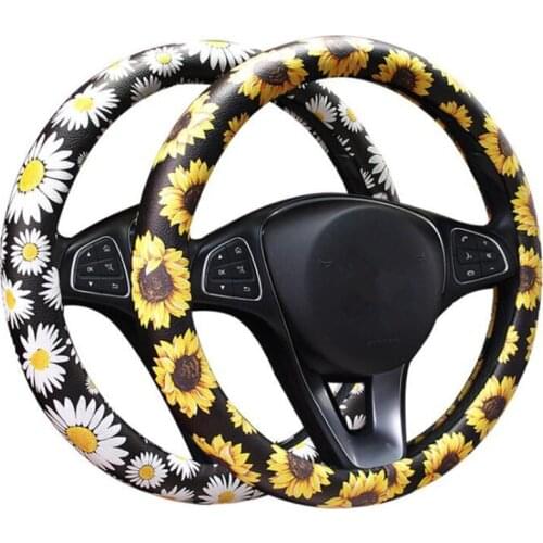Universal Steering Wheel Cover Breathable Artificial Leather Sunflower Floral Print Steering Covers Auto interior Accessories