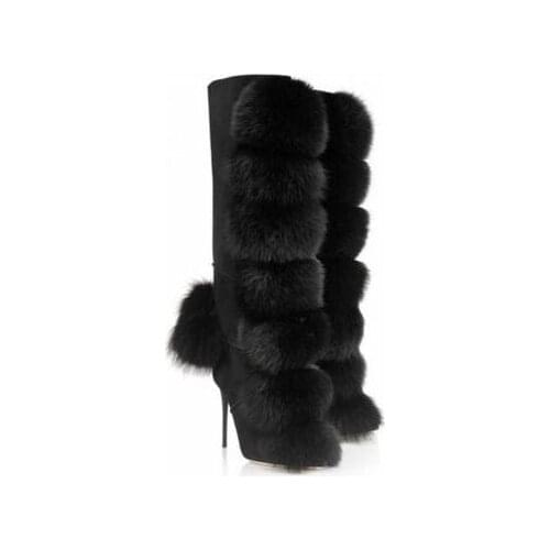 Sestito 2018 Women Winter Sexy Fox Hair Ball Embellished Knee High Boots Girls High Heels Long Boots Ladies Zipper Dress Shoes