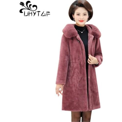 UHYTGF Winter coat female Quality mink cashmere wool jacket fur collar hooded windproof warm coats women 5XL Plus size top 1190
