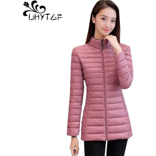 UHYTGF Winter jacket for women fashion Thin light Down cotton parkas woman Middle-aged Female Slim 4XL plus size parka coats 372