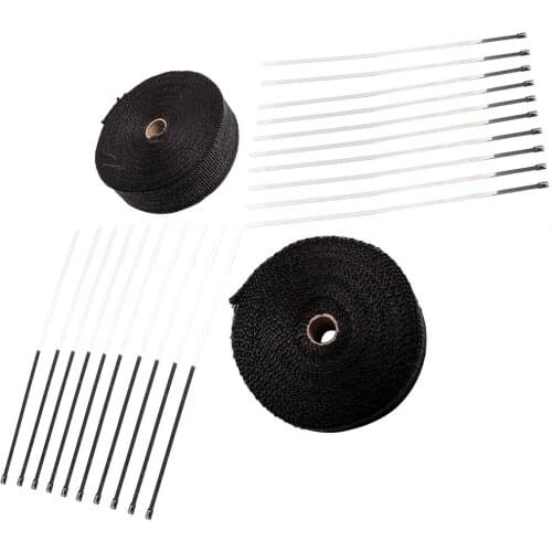 2 Roll x 2" 50Ft Exhaust Manifold Header Black Pipe Heat Wrap Tape+20 Ties Kit Fiberglass Exhaust Header Heat Wrap Tape