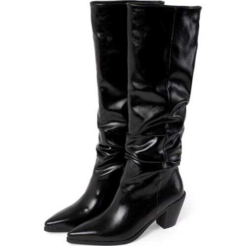 2020 Genuine Leather Long Autumn Winter Boots Pointed Toe Chunky Heel Women Slip On Fashion Boots All Match Handmade Botas Mujer