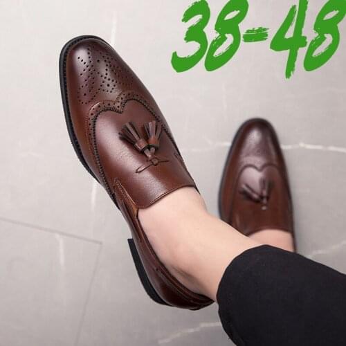 2021 Big Size 38-48 Men Brogue British Oxford Dress Shoes Male Gentleman PU Leather Footwear Flats Tassel Men Loafers