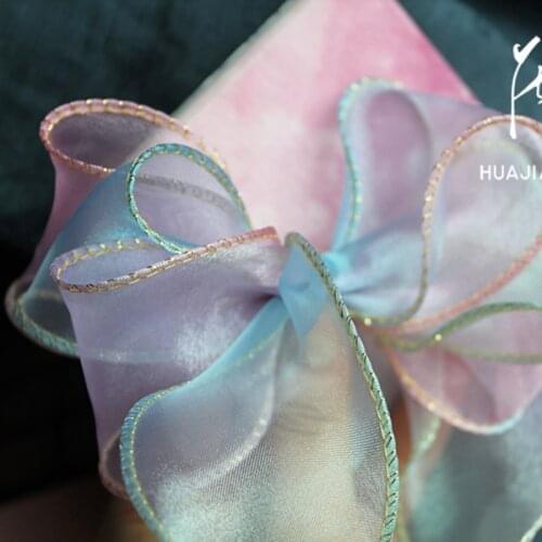 25yards/roll Gradual Rainbow Color Organza Wired Ribbon 50mm Deco Material For Hat Hairbows Hair Ties Hairbands For Kids