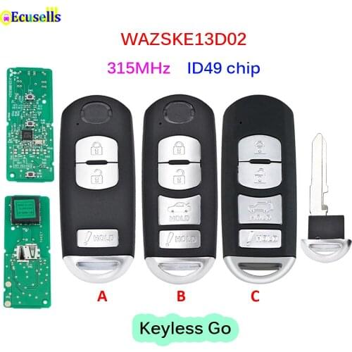 3/4 Button 315MHz Keyless-Go car Remote Key with ID49 chip for Mazda 3 6 CX-3 CX-5 CX-9 MX5 Miata FCC ID: WAZSKE13D02