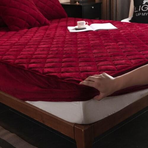 Velvet Plush Mattress Cover Full Size Thicken Quilted Bed Cover Warm Soft Queen King Elastic Fitted Sheet Solid Color Pillowcase