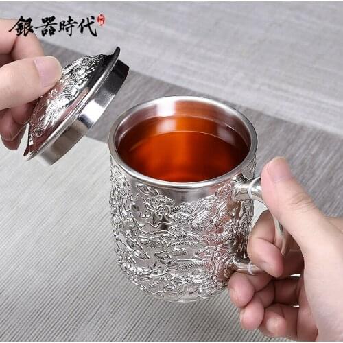 Silver age pure silver 999 pure handmade Tea Cup Mug relief Jiulong teapot large silver cup