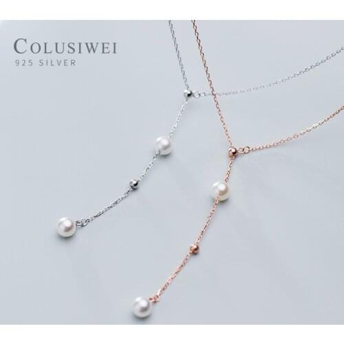 Colusiwei Rose Gold Color Tassel Beads Pearl Long Chain Necklace 925 Sterling Silver Geometric Necklace for Women Fine Jewelry