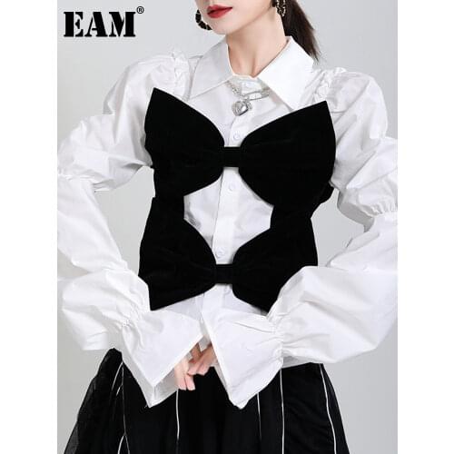 [EAM] Women White Bow Wrinkled Puff Sleeve Blouse New Lapel Long Sleeve Loose Shirt Fashion Tide Spring Autumn 2021 1DD3877