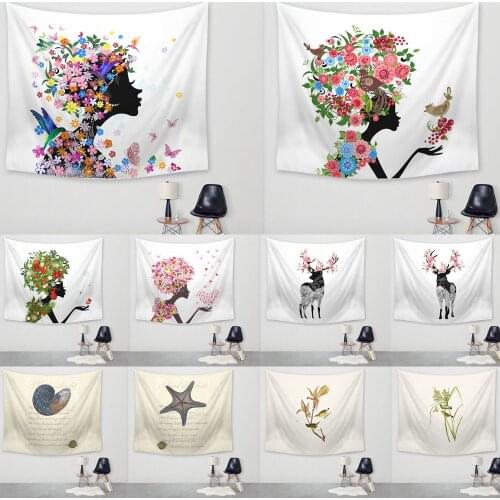 Flower Elk Girl Pattern Tapestry Beach Throw Mat Yoga Rug Deer Wall Hanging Gobelin Modern Home Decor Art Crafts