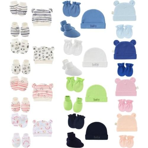 Cotton Baby Gloves Soft Anti Scratching Newborn Mittens+ Hat+Foot Cover Set Baby Warm Bonnet Beanies Caps Socks Baby Shower Gift