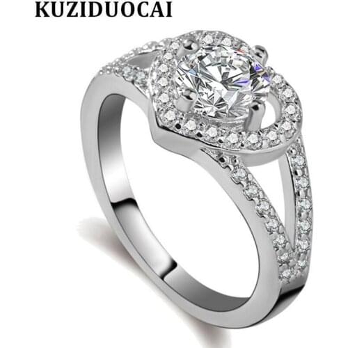 Kuziduocai New Fashion Jewelry Boho Stainless Steel Zircon Love Heart Wedding Bride Rings For Women Bague Anillos Anel R-410