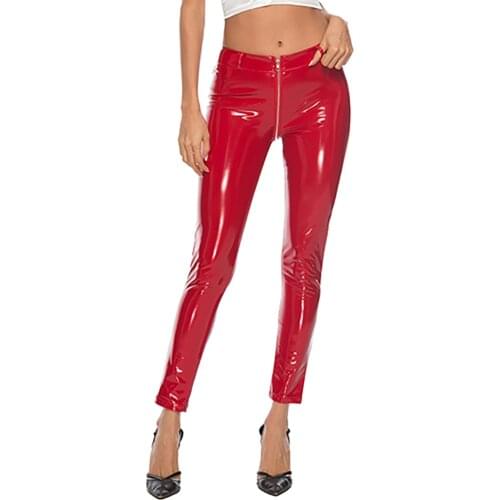 Plus Size PU Faux Leather Leggings Shiny Skinny Pants Women Low Waist Zipper to Crotch Wetlook PVC Latex Patent Pencil Trousers