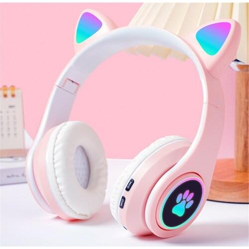 Cute Cat Ears Bluetooth Headphones Wireless Headset with LED Light Mic TF FM For Kid Girl Stereo Earbud Phone Earphone Gift