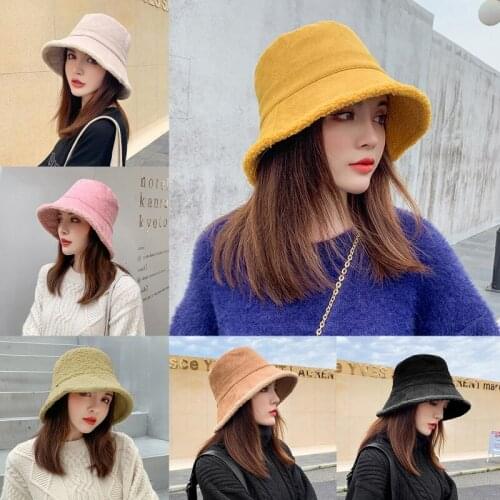 Women Winter Autumn Reversible Double Sided Bucket Hat Solid Color Thicken Faux Fleece Wide Brim Sunscreen Packable Cap 28GD