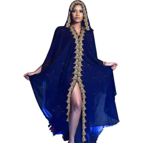 African Maxi Dresses For Women Hooded Batwing Sleeve Boubou Fashion Embroidery Chiffon See Through African Long Dress Vestidos