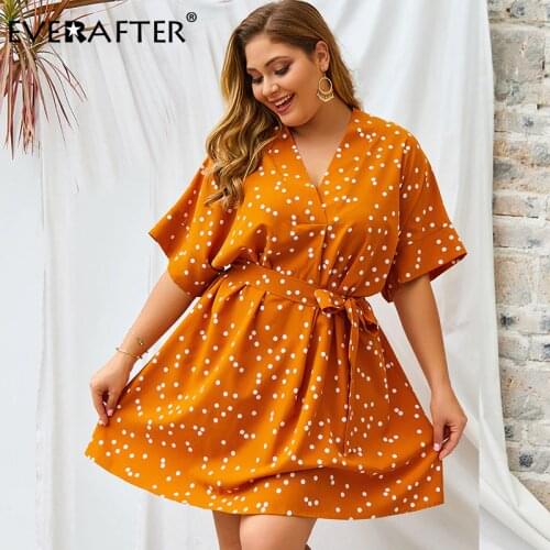 EVERAFTER Elegant Plus Size Dot Print Dress Women V-neck Sashes High Waist Sundress 2020 Holiday Casual Boho Ladies Midi Dresses