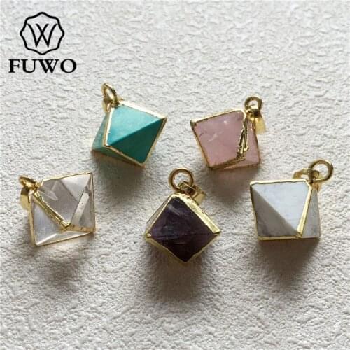 FUWO Carved Natural Crystal Quartz Pyramid Pendant With 24K Gold Electroplated Edge Raw Stone For Jewelry Making PD208