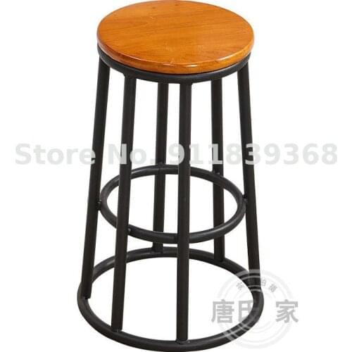 Simple Round Stool Bar Table Iron High Footed Stool Solid Wood Counter Ktv Bar Chair Retro Milk Tea Shop Mobile Phone Shop Stool