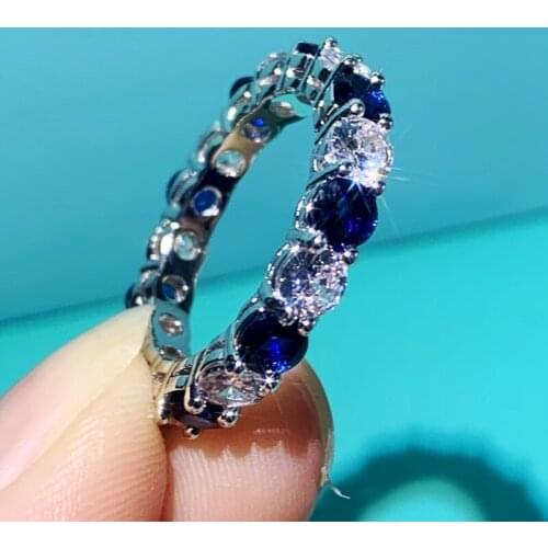 Size 5-10 Real Luxury Jewelry 925 Sterling Silver Circle Stack White&Blue AAAAA Cubic Zirconia Party Wedding Band Ring for Women
