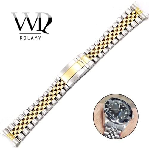 Rolamy 19 20mm Watch Band Strap Stainless Steel For Datejust Hollow Curved End Screw Links Replacement Jubilee Watchband Strap