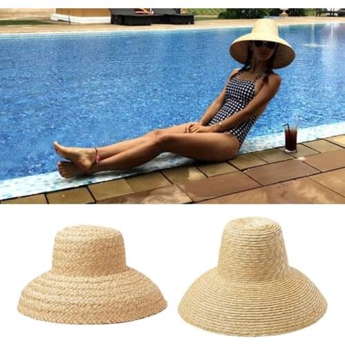 European Vintage Droop Wide Brim Woven Straw Sun Hat Retro Flat Top Outdoor UV Protection Sunscreen Travel Vacation Beach Cap fo