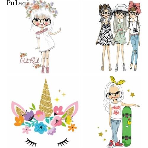 Pulaqi Iron On Transfer Stickers Patches For Clothes Unicorn Cartoon Girl Patch Thermal Heat Transfer Vinyl Printed Applique DIY