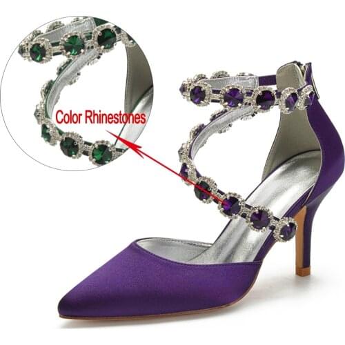 Fashion Colored Rhinstones Pumps For Wedding Satin Ladies Hight Heel Shoes Pointed Toe Zipper Evening Party Pump 8cm