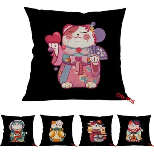 Japanese style cartoon animal Lucky Cat High-end encryption linen Decorative sofa Cushion pillow Cover square