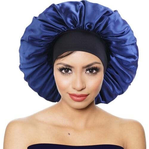 Women Satin Round Cap Solid Color Night Cap Hairdress Hair Protection Care Elastic Shower Hat Bonnet Wide Edge Sleeping Cap