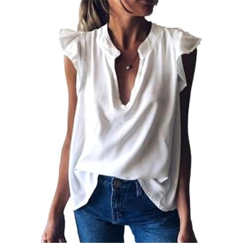 Women Fashion Solid Color V Neck Short Ruffled Sleeve Loose T-shirt Blouse Top